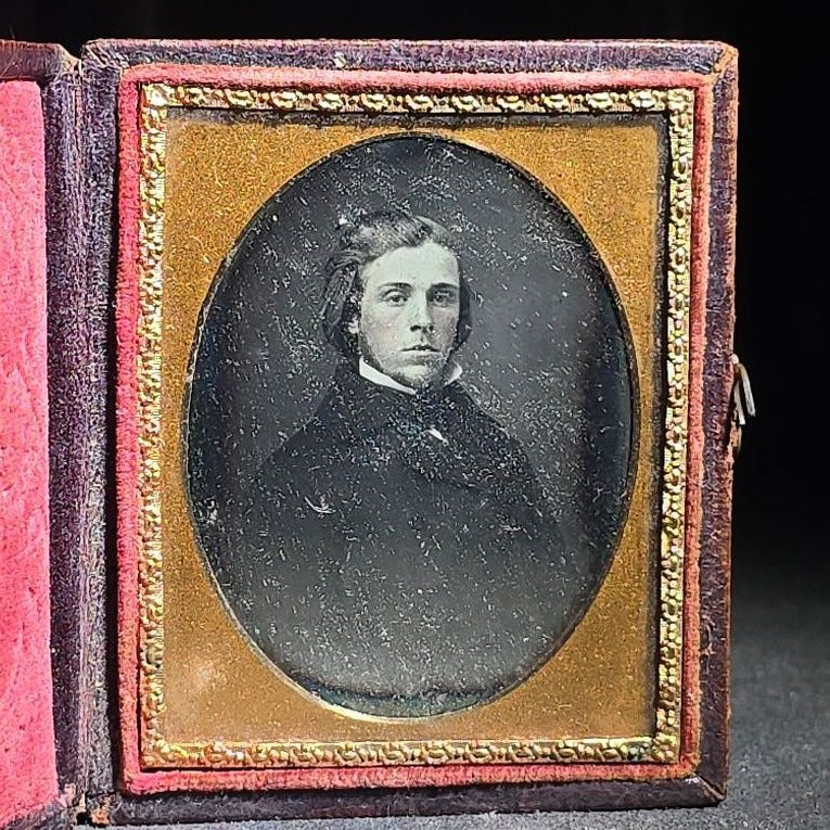 Antique 1/9th Plate Daguerreotype Photograph of a Young Man in a Dark Coat, Photographed by Tyler & Co., in Full Intact Leatherette Case