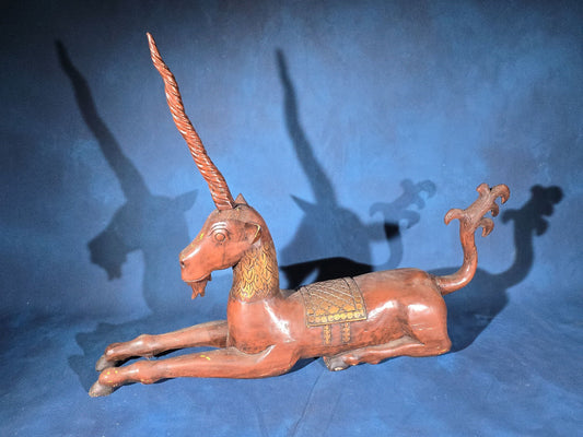 Vintage Carved Wood Recumbent Unicorn Figure with Gilt Accents