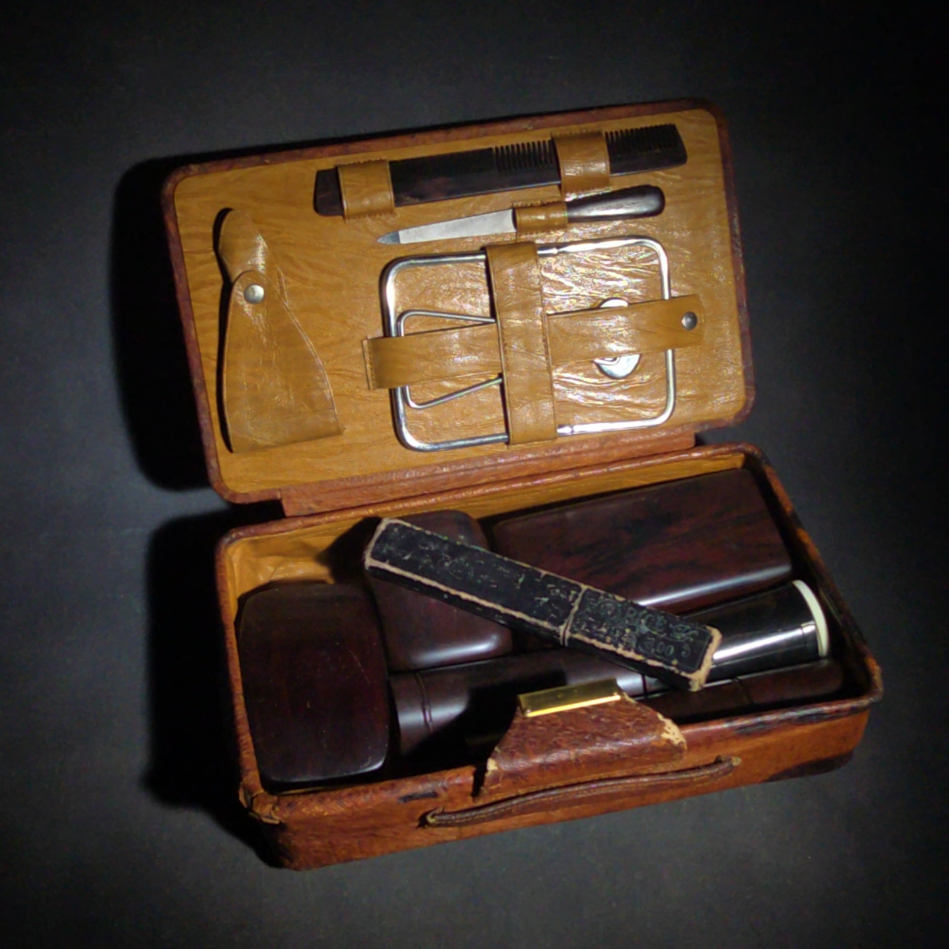 Vintage Men's Travel Grooming Kit in Ostrich-Grain Leather Case with Straight Razor, Shaving Brush, Clothes Brush, and Accessories