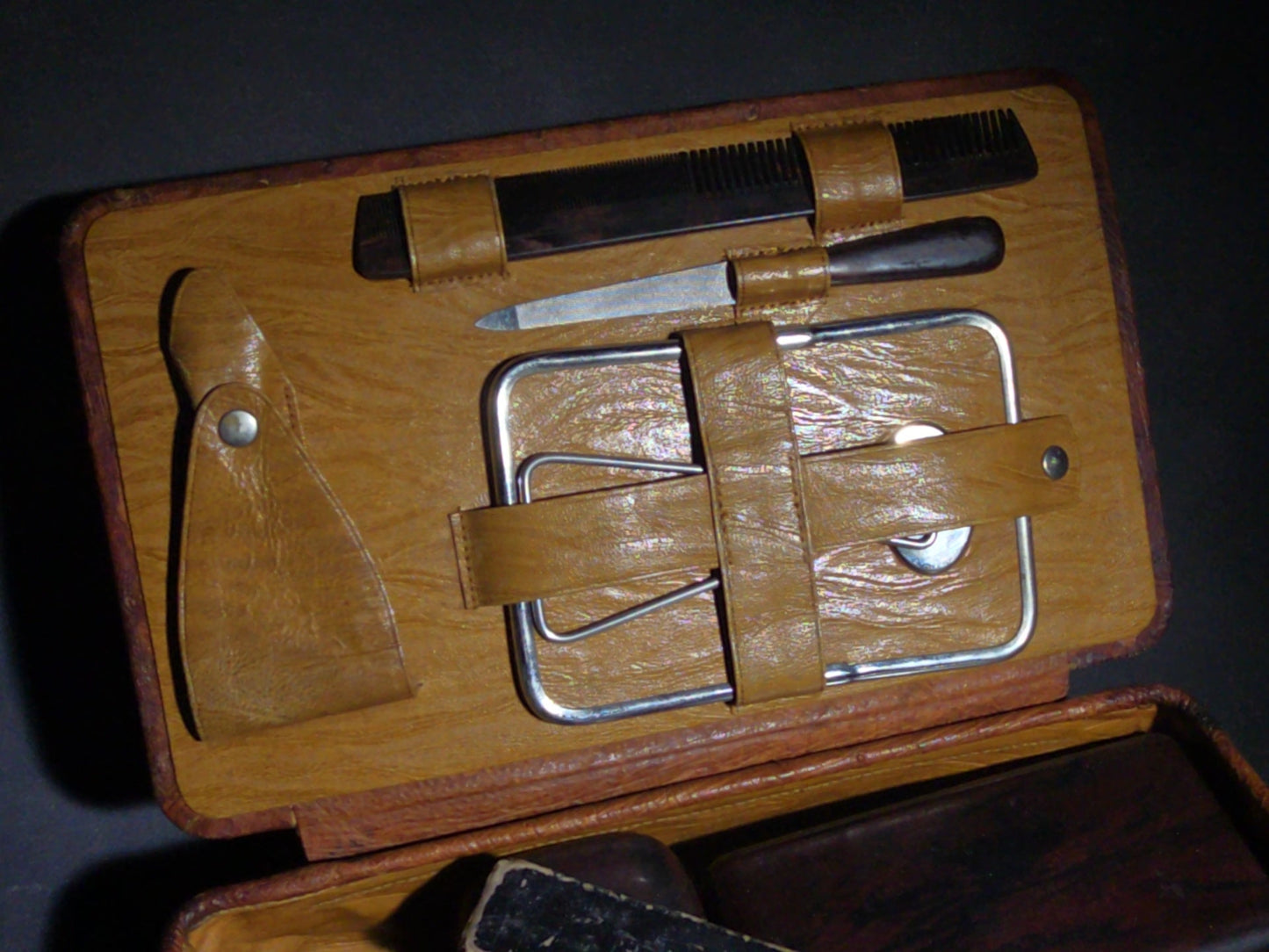 Vintage Men's Travel Grooming Kit in Ostrich-Grain Leather Case with Straight Razor, Shaving Brush, Clothes Brush, and Accessories