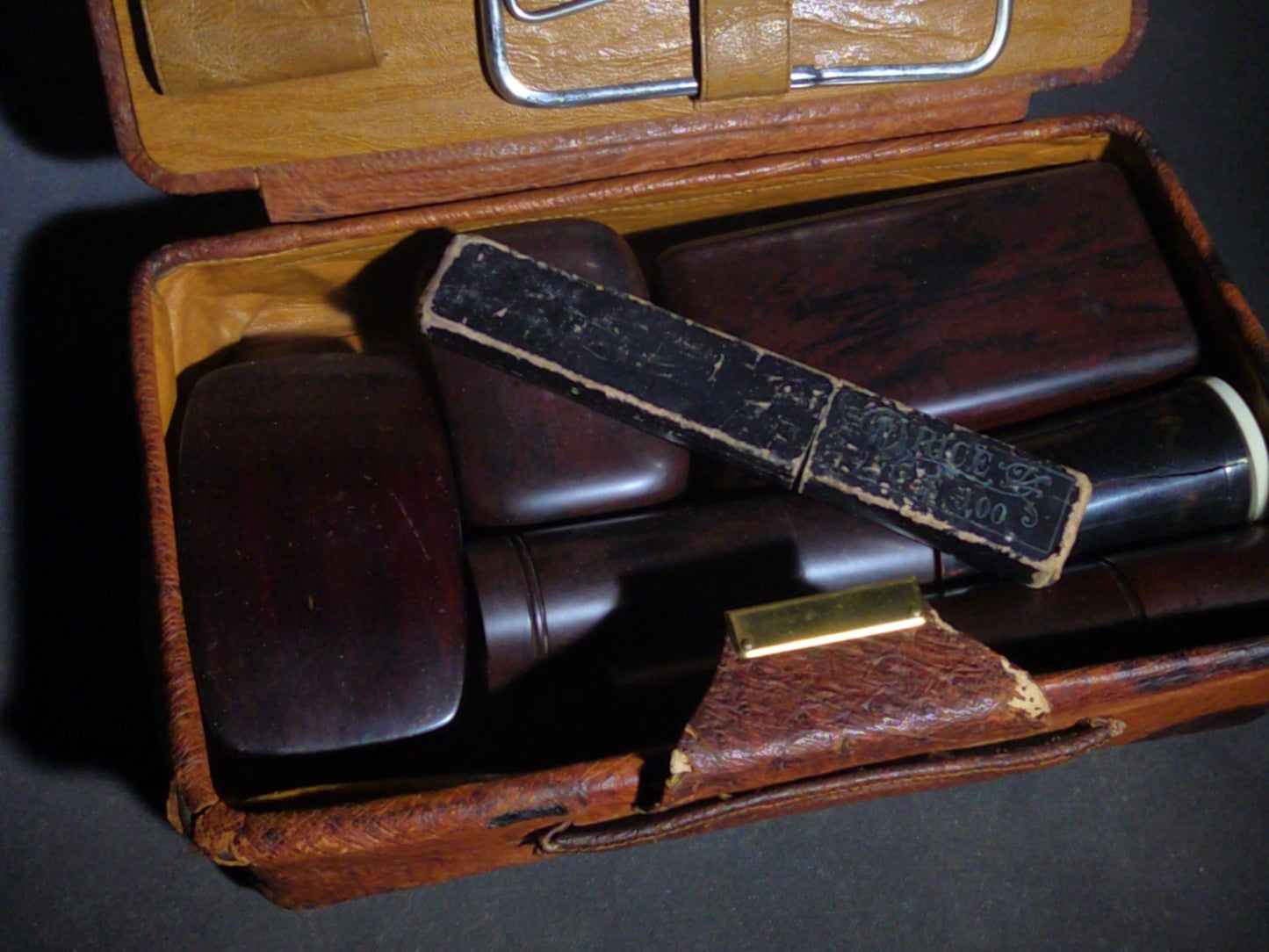 Vintage Men's Travel Grooming Kit in Ostrich-Grain Leather Case with Straight Razor, Shaving Brush, Clothes Brush, and Accessories