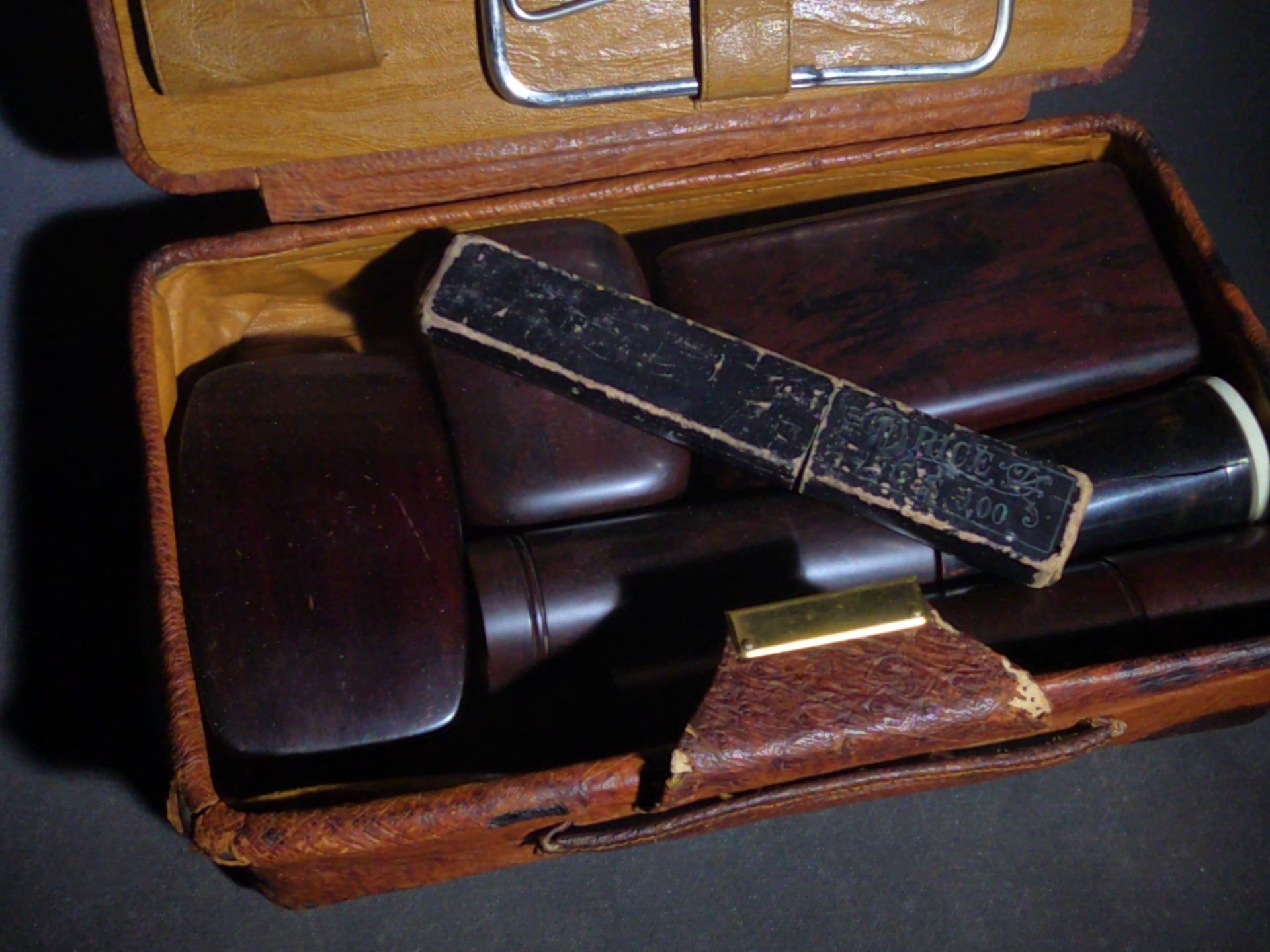 Vintage Men's Travel Grooming Kit in Ostrich-Grain Leather Case with Straight Razor, Shaving Brush, Clothes Brush, and Accessories