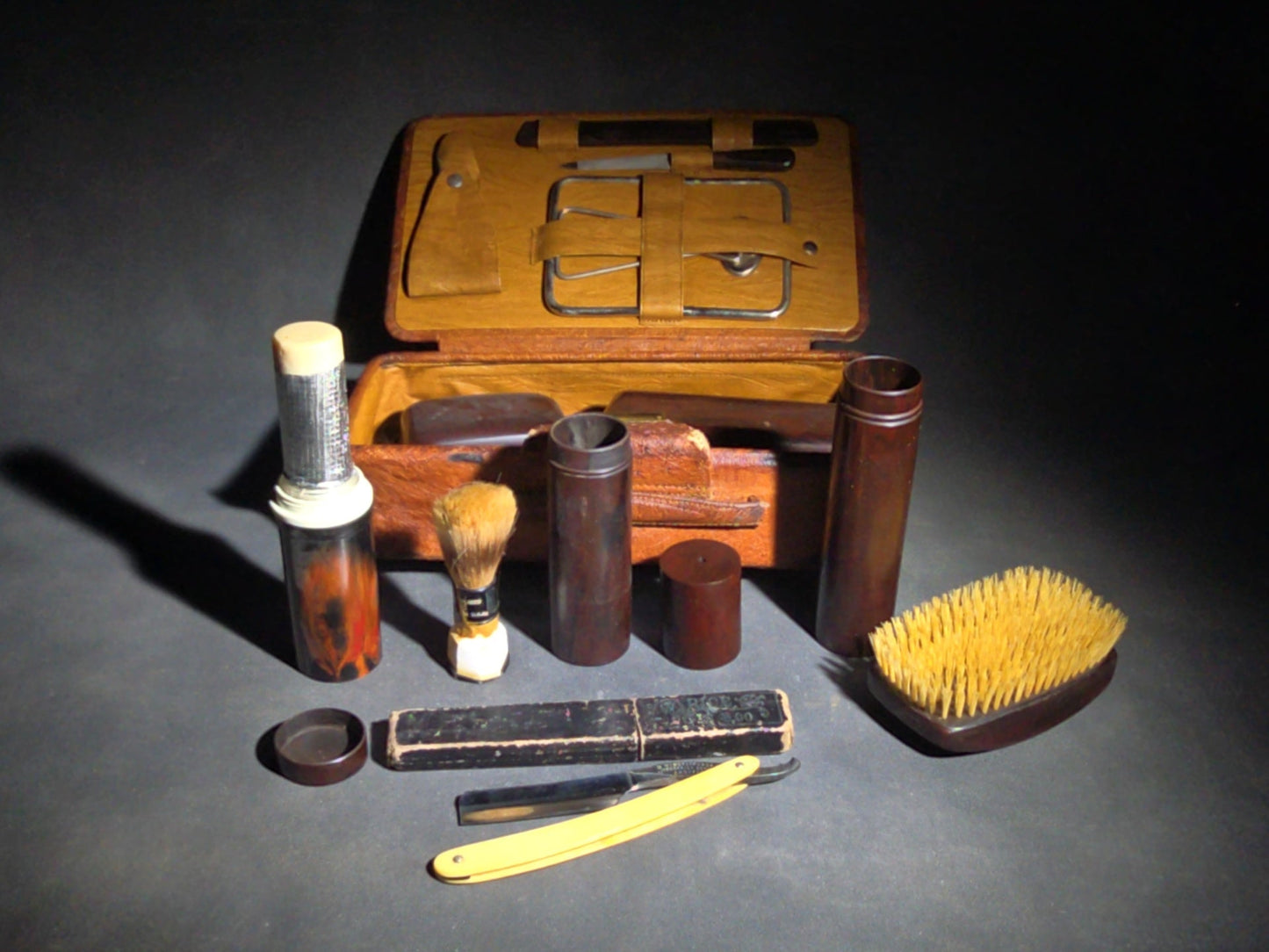 Vintage Men's Travel Grooming Kit in Ostrich-Grain Leather Case with Straight Razor, Shaving Brush, Clothes Brush, and Accessories