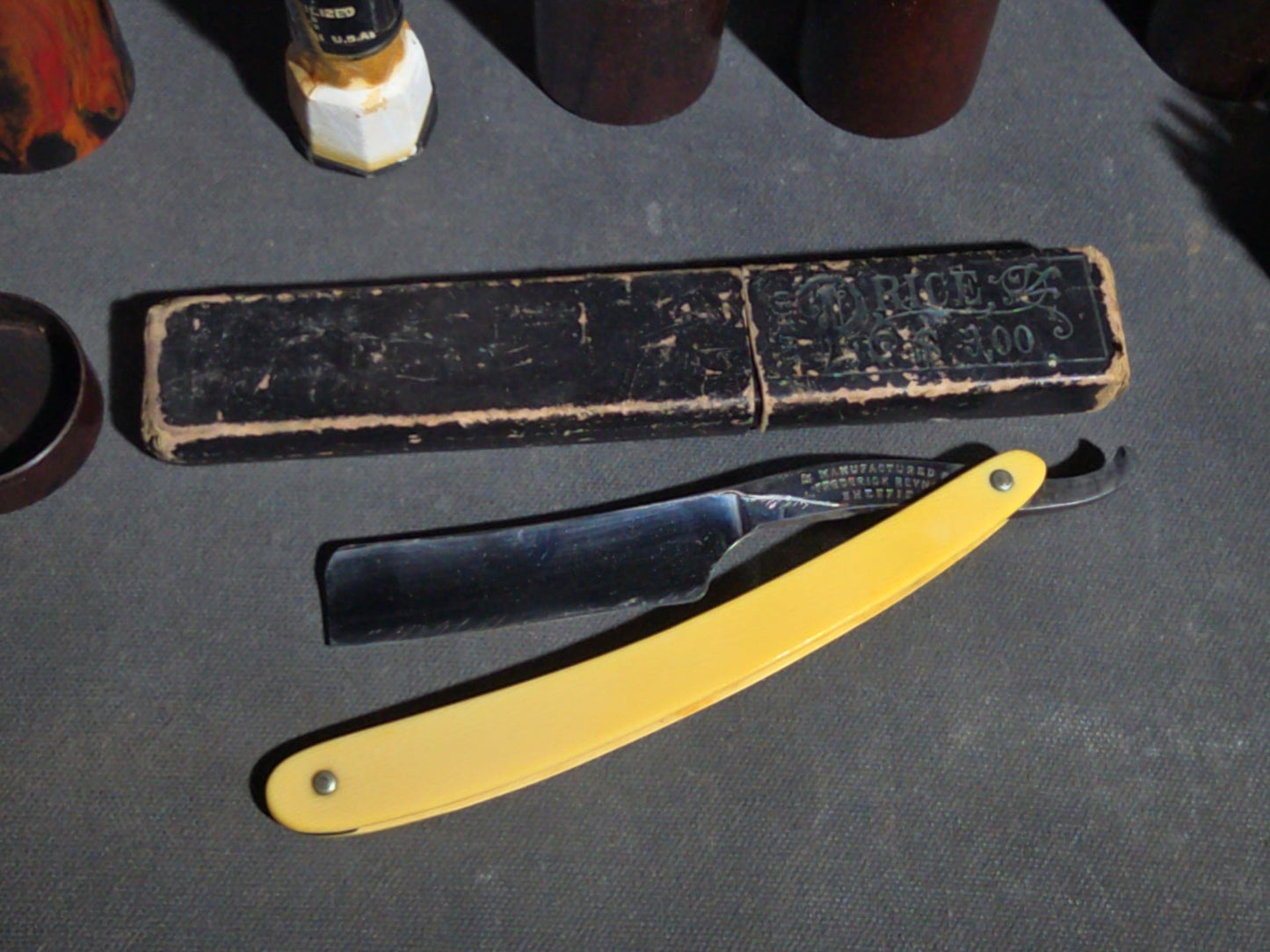 Vintage Men's Travel Grooming Kit in Ostrich-Grain Leather Case with Straight Razor, Shaving Brush, Clothes Brush, and Accessories