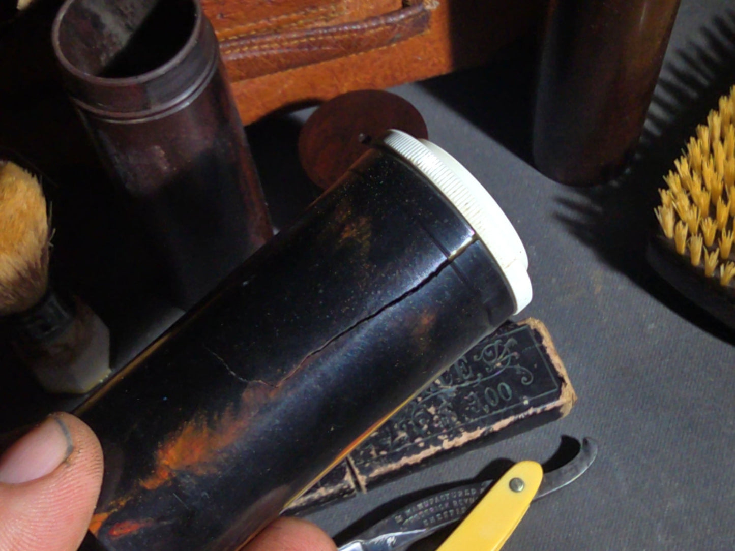 Vintage Men's Travel Grooming Kit in Ostrich-Grain Leather Case with Straight Razor, Shaving Brush, Clothes Brush, and Accessories