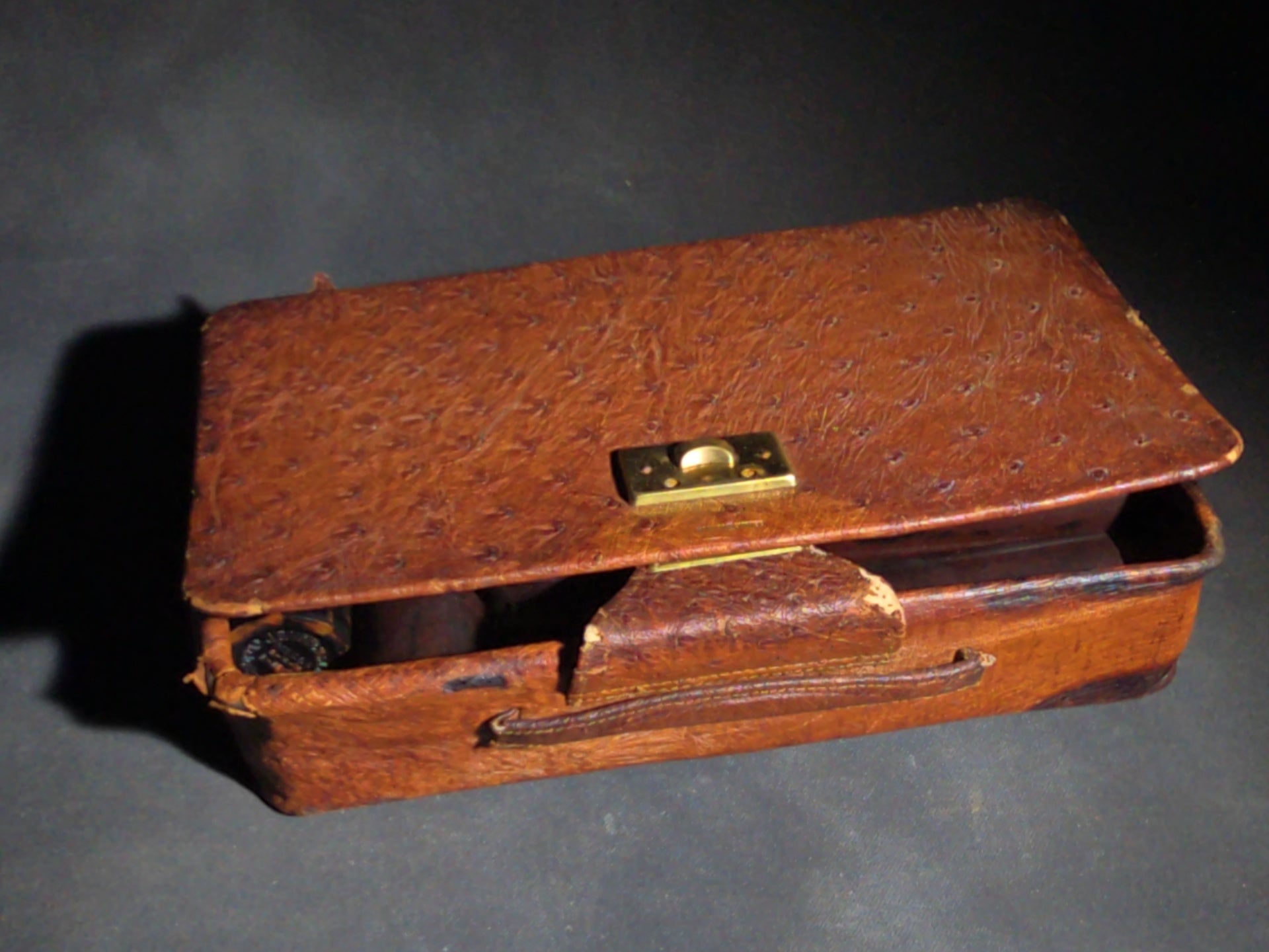 Vintage Men's Travel Grooming Kit in Ostrich-Grain Leather Case with Straight Razor, Shaving Brush, Clothes Brush, and Accessories
