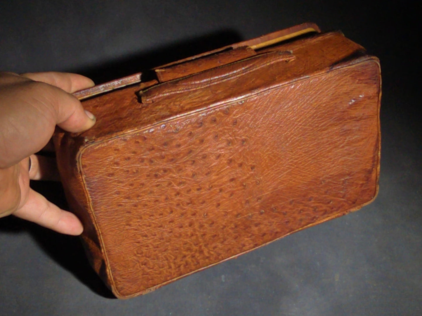 Vintage Men's Travel Grooming Kit in Ostrich-Grain Leather Case with Straight Razor, Shaving Brush, Clothes Brush, and Accessories