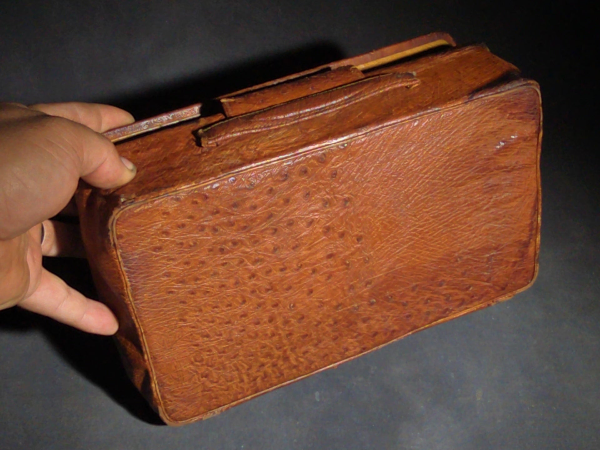 Vintage Men's Travel Grooming Kit in Ostrich-Grain Leather Case with Straight Razor, Shaving Brush, Clothes Brush, and Accessories