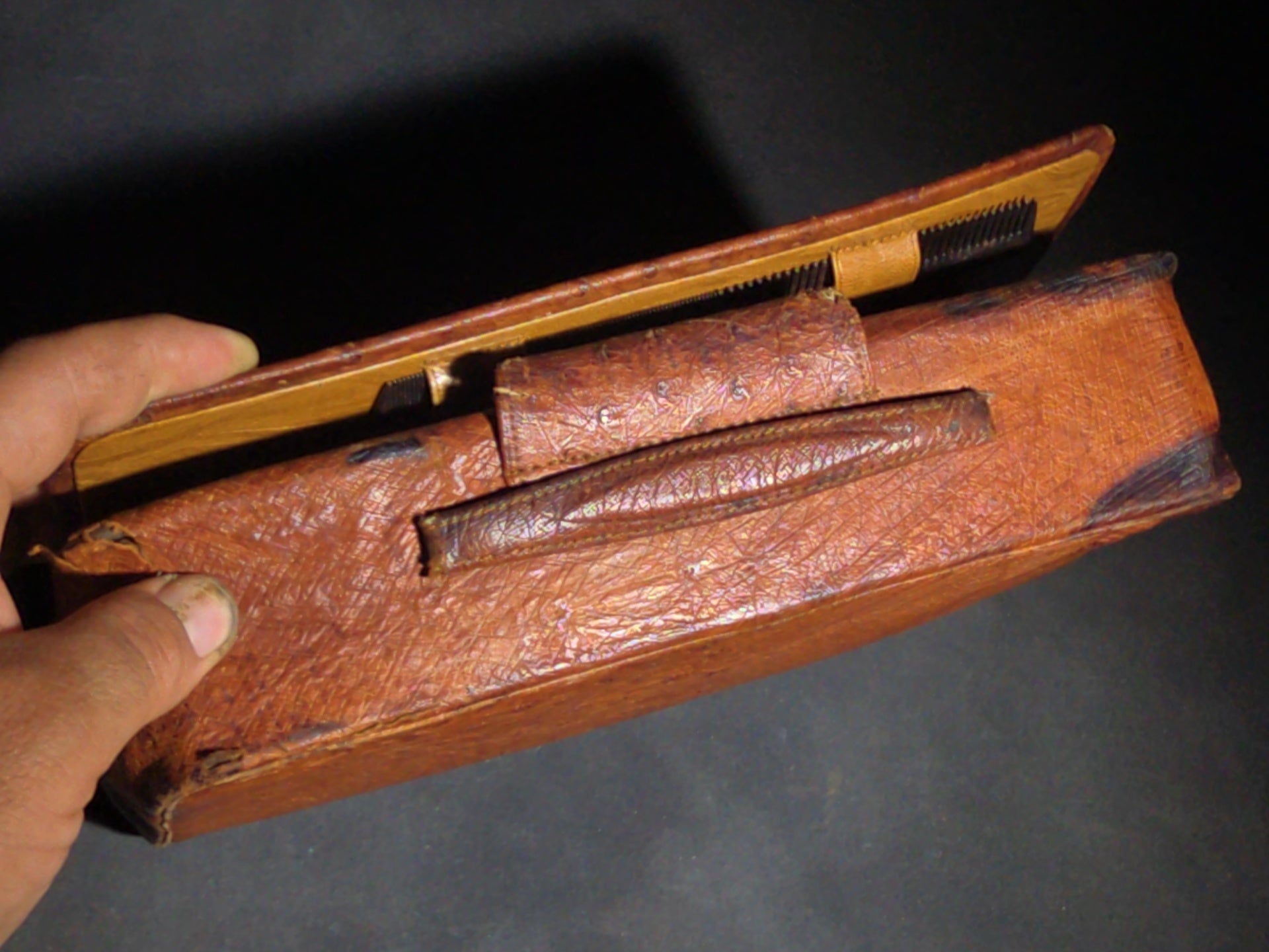 Vintage Men's Travel Grooming Kit in Ostrich-Grain Leather Case with Straight Razor, Shaving Brush, Clothes Brush, and Accessories
