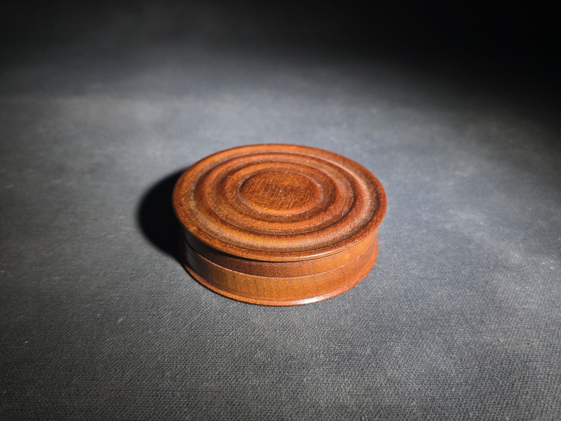 Antique Turned Wood Round Lidded Box with Concentric Ring Design