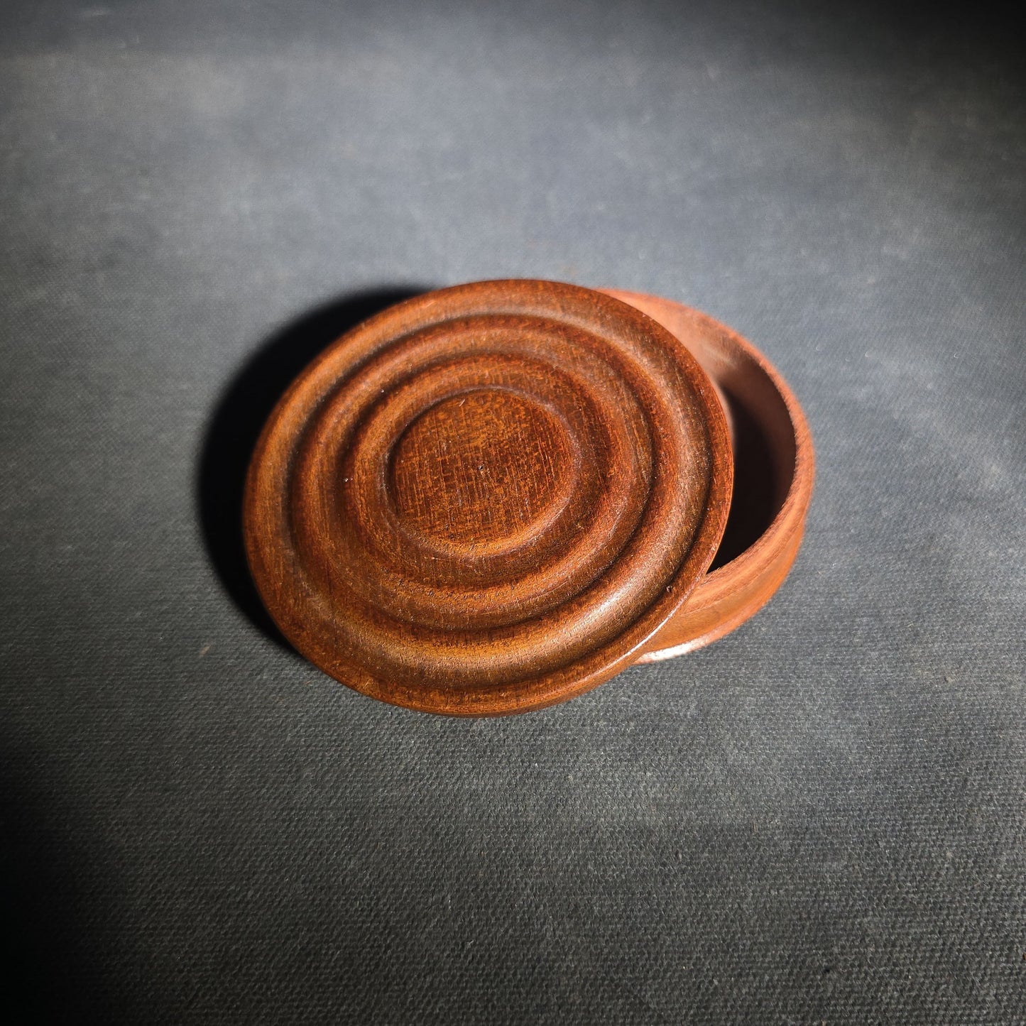 Antique Turned Wood Round Lidded Box with Concentric Ring Design