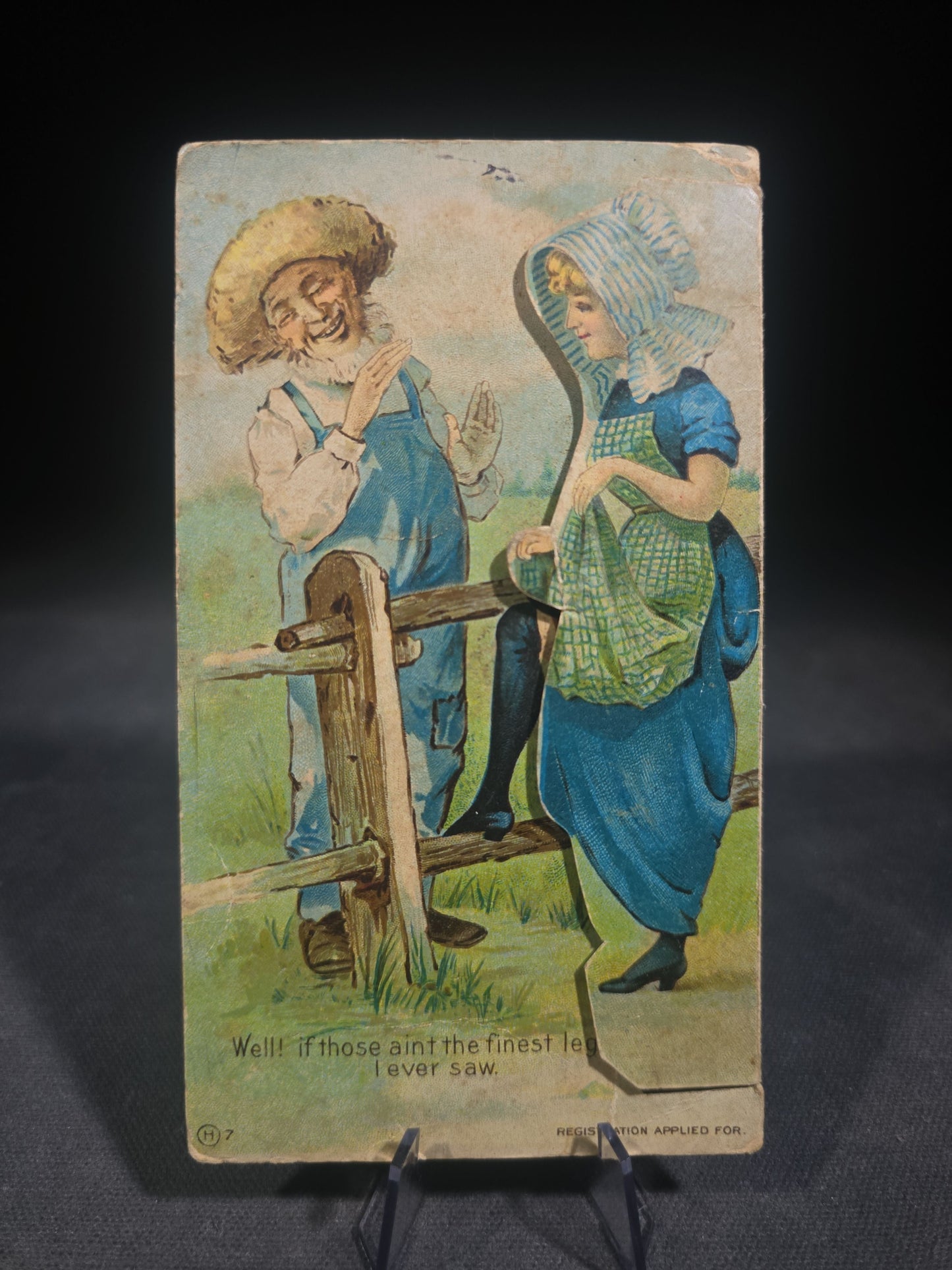 Antique Chromolithograph Mechanical Novelty Card with Risque Double Entendre, "Well! If Those Aint the Finest Leghorn Chicks I Ever Saw"