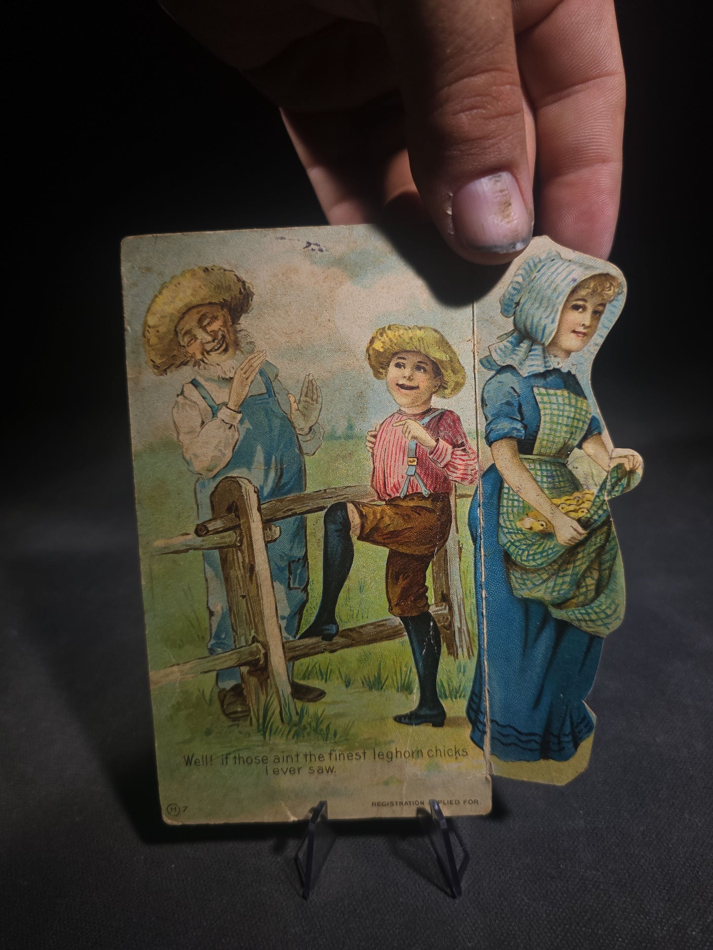 Antique Chromolithograph Mechanical Novelty Card with Risque Double Entendre, "Well! If Those Aint the Finest Leghorn Chicks I Ever Saw"