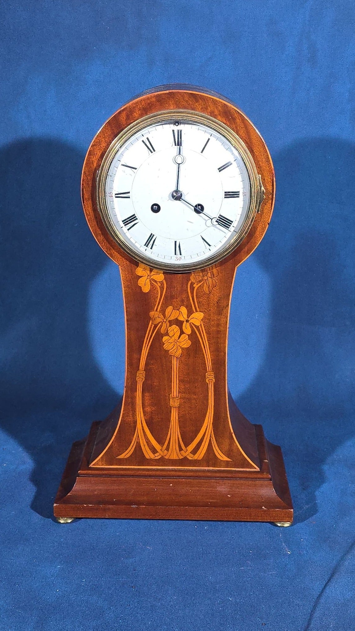 Antique Art Nouveau Inlaid Mahogany Balloon Mantel Clock with Gong Strike