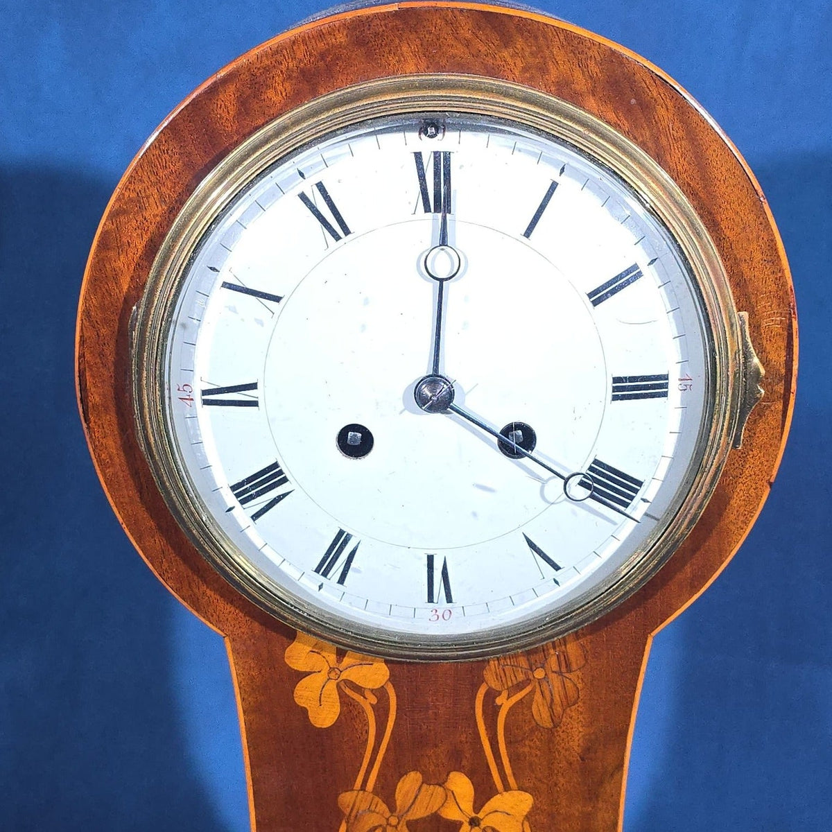 Antique Art Nouveau Inlaid Mahogany Balloon Mantel Clock with Gong Strike