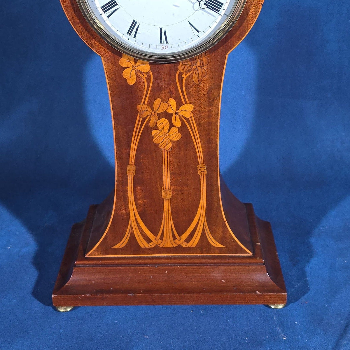 Antique Art Nouveau Inlaid Mahogany Balloon Mantel Clock with Gong Strike
