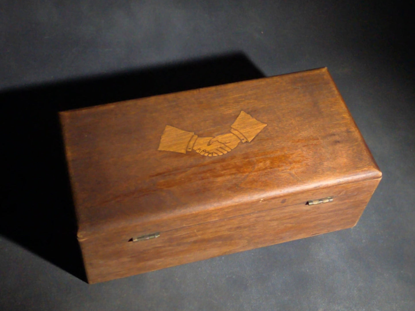 Antique Wood Hinged Box with Inlaid Clasped Hands Motif, No Key