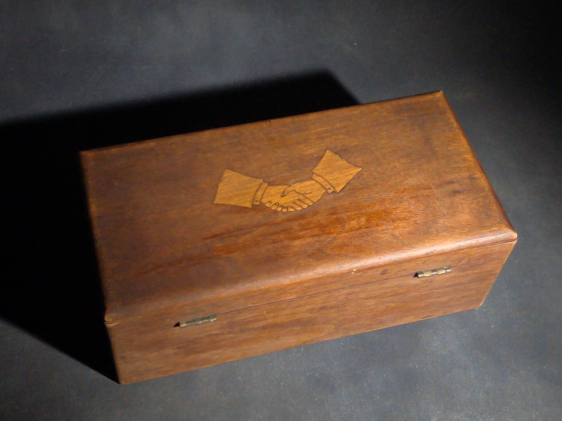 Antique Wood Hinged Box with Inlaid Clasped Hands Motif, No Key