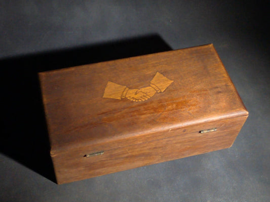 Antique Wood Hinged Box with Inlaid Clasped Hands Motif, No Key