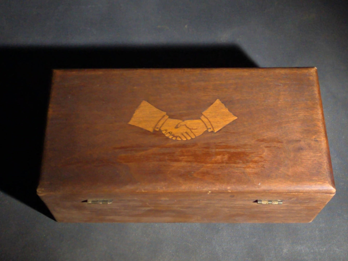 Antique Wood Hinged Box with Inlaid Clasped Hands Motif, No Key