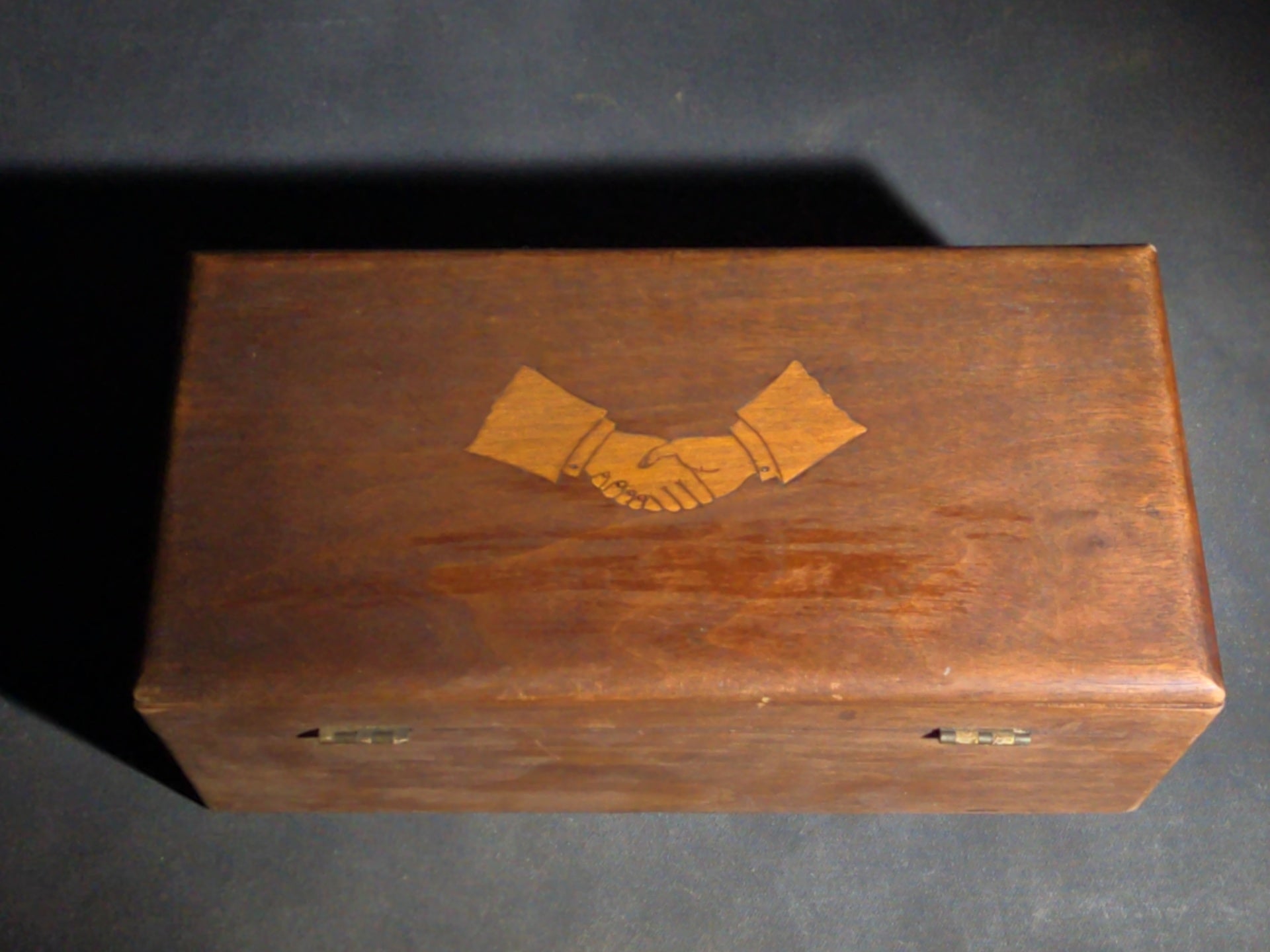 Antique Wood Hinged Box with Inlaid Clasped Hands Motif, No Key