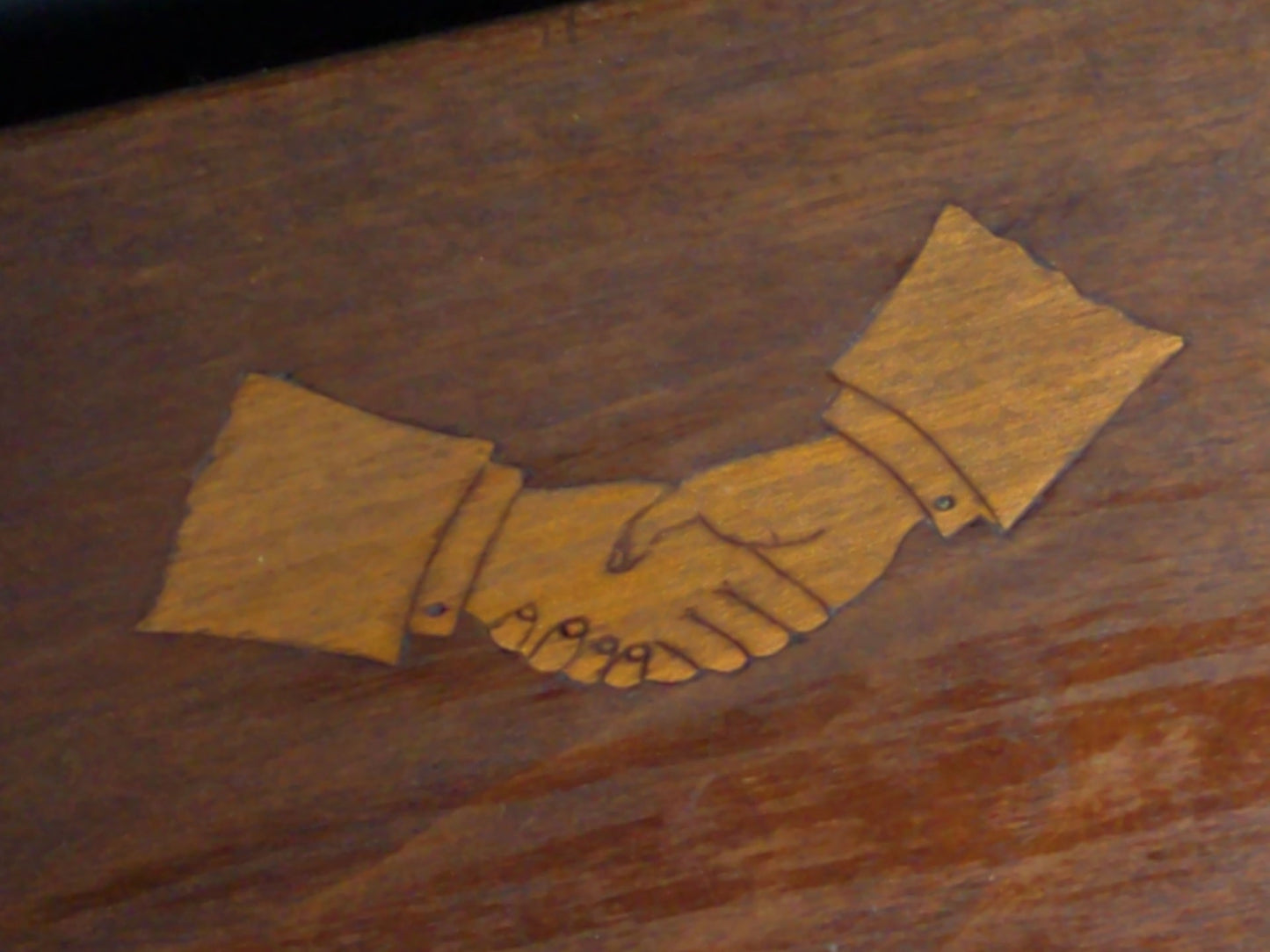 Antique Wood Hinged Box with Inlaid Clasped Hands Motif, No Key