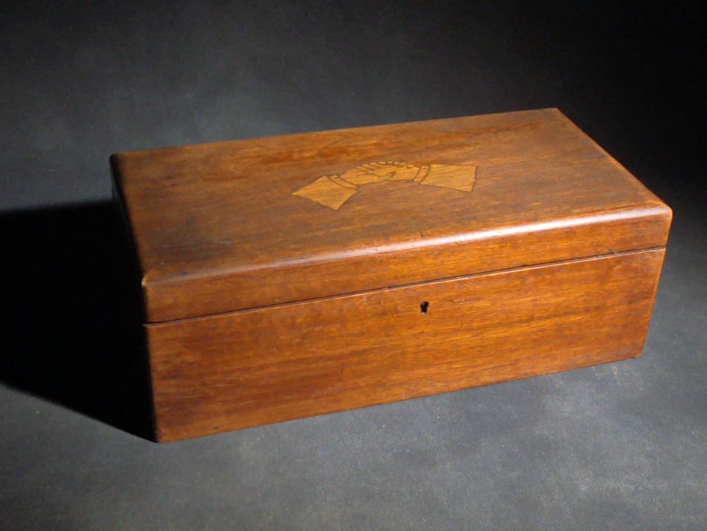 Antique Wood Hinged Box with Inlaid Clasped Hands Motif, No Key