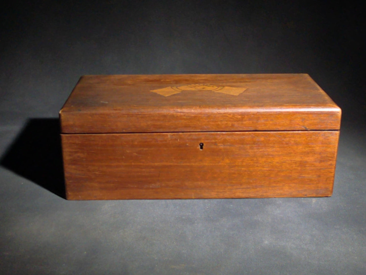 Antique Wood Hinged Box with Inlaid Clasped Hands Motif, No Key