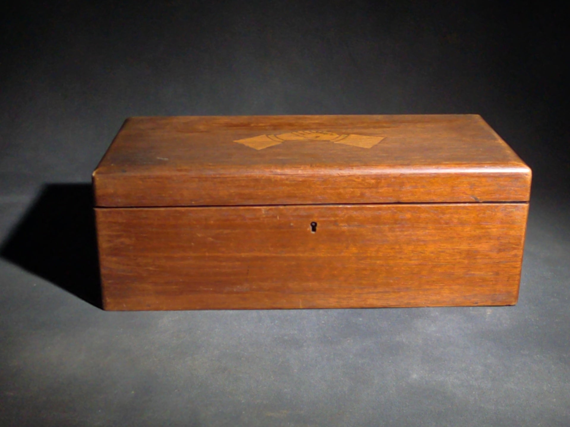 Antique Wood Hinged Box with Inlaid Clasped Hands Motif, No Key