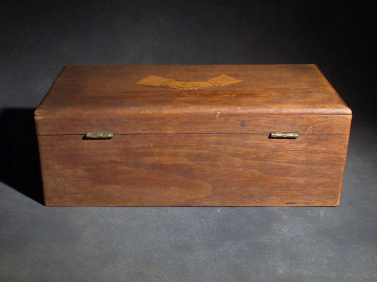 Antique Wood Hinged Box with Inlaid Clasped Hands Motif, No Key