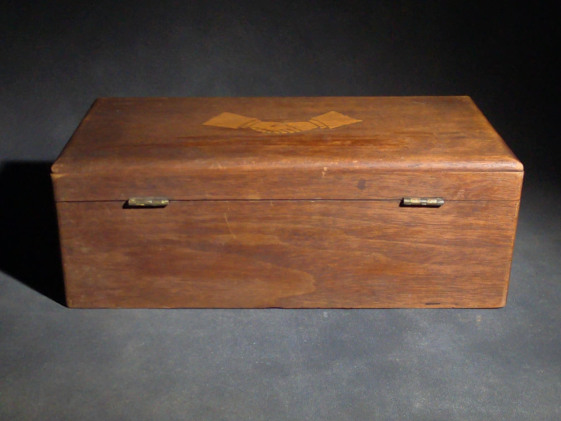 Antique Wood Hinged Box with Inlaid Clasped Hands Motif, No Key