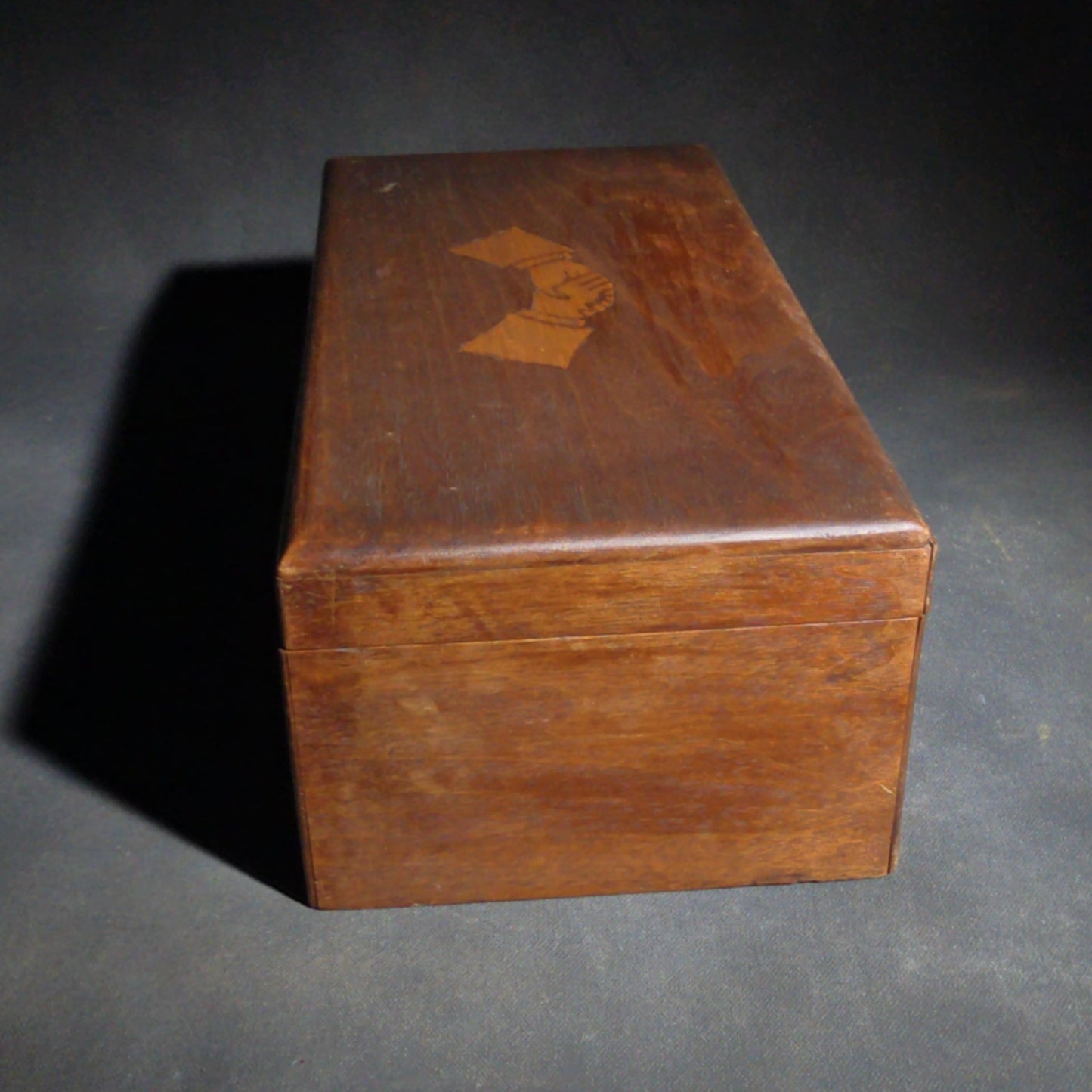 Antique Wood Hinged Box with Inlaid Clasped Hands Motif, No Key