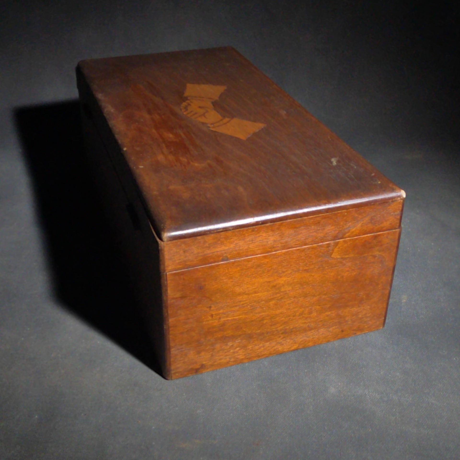 Antique Wood Hinged Box with Inlaid Clasped Hands Motif, No Key