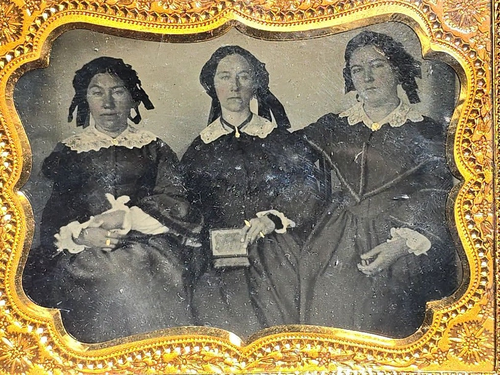 Antique 1/4th Plate Ambrotype Photograph of Three Seated Women, Center Figure Holding a Cased Image, in Full Split Leatherette Case with Blue Pillow