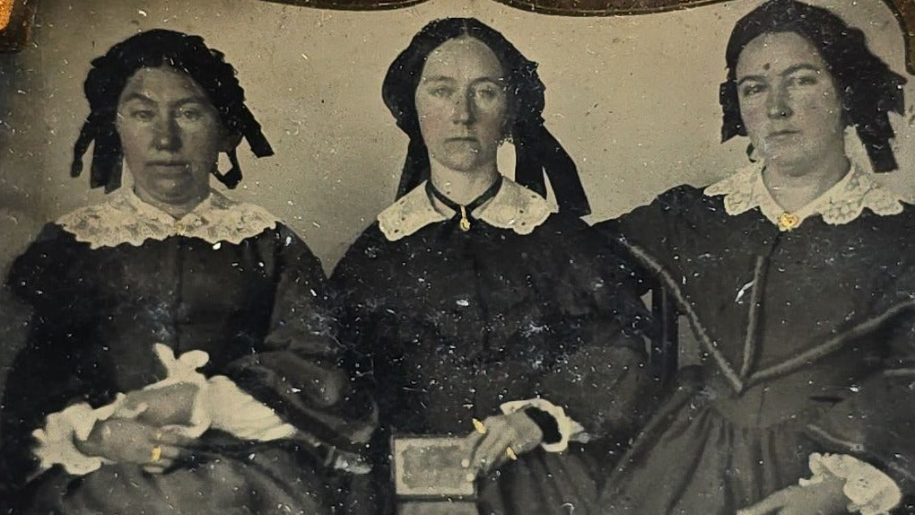 Antique 1/4th Plate Ambrotype Photograph of Three Seated Women, Center Figure Holding a Cased Image, in Full Split Leatherette Case with Blue Pillow