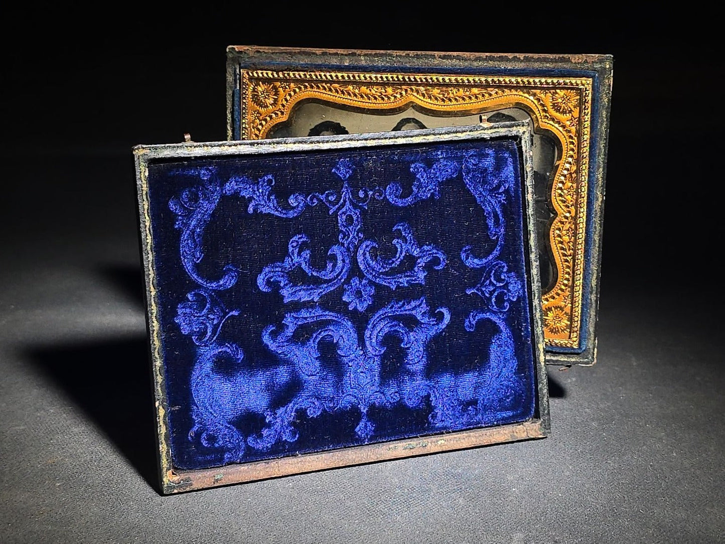 Antique 1/4th Plate Ambrotype Photograph of Three Seated Women, Center Figure Holding a Cased Image, in Full Split Leatherette Case with Blue Pillow