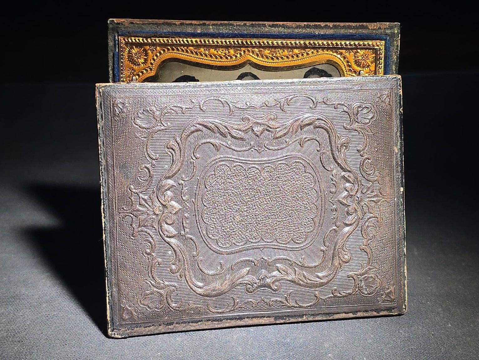 Antique 1/4th Plate Ambrotype Photograph of Three Seated Women, Center Figure Holding a Cased Image, in Full Split Leatherette Case with Blue Pillow