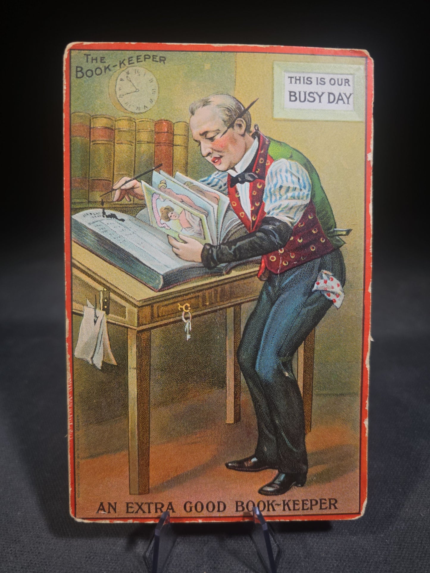Antique Embossed Comic Postcard "An Extra Good Book-Keeper" with "This Is Our Busy Day" Office Humor Illustration
