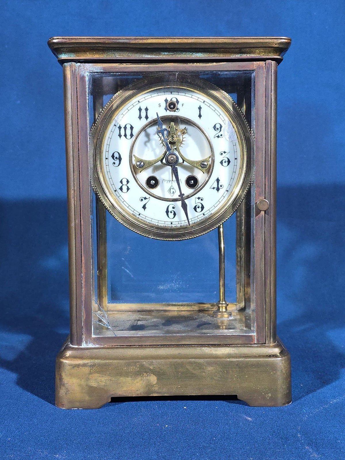 Antique Brass and Glass Crystal Regulator Mantel Clock, Manufactured by Wm. L. Gilbert Clock Co., Winsted, Connecticut