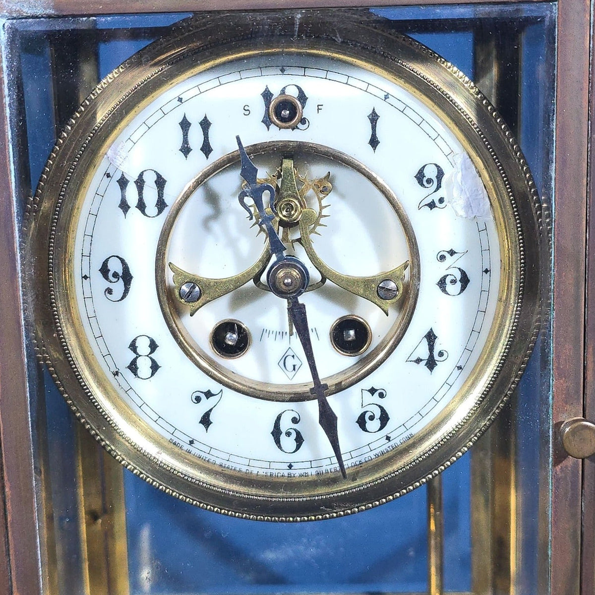 Antique Brass and Glass Crystal Regulator Mantel Clock, Manufactured by Wm. L. Gilbert Clock Co., Winsted, Connecticut