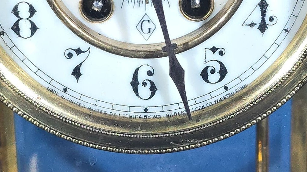 Antique Brass and Glass Crystal Regulator Mantel Clock, Manufactured by Wm. L. Gilbert Clock Co., Winsted, Connecticut