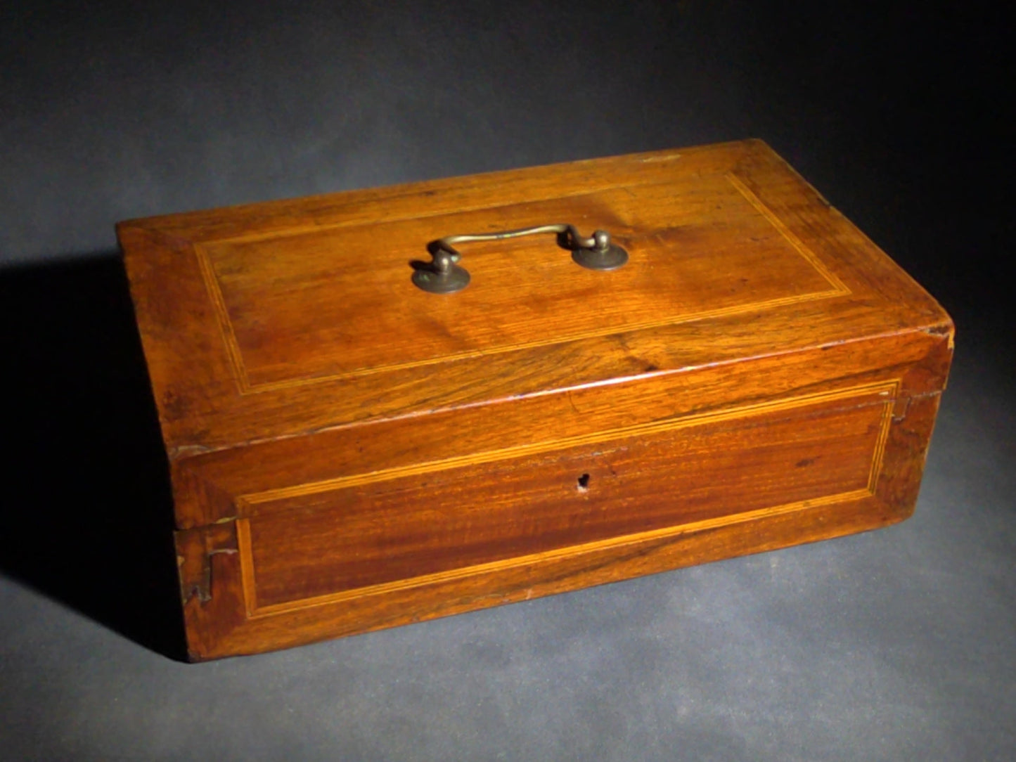 Antique Inlaid Wood Box with Brass Bail Handle, Inscribed