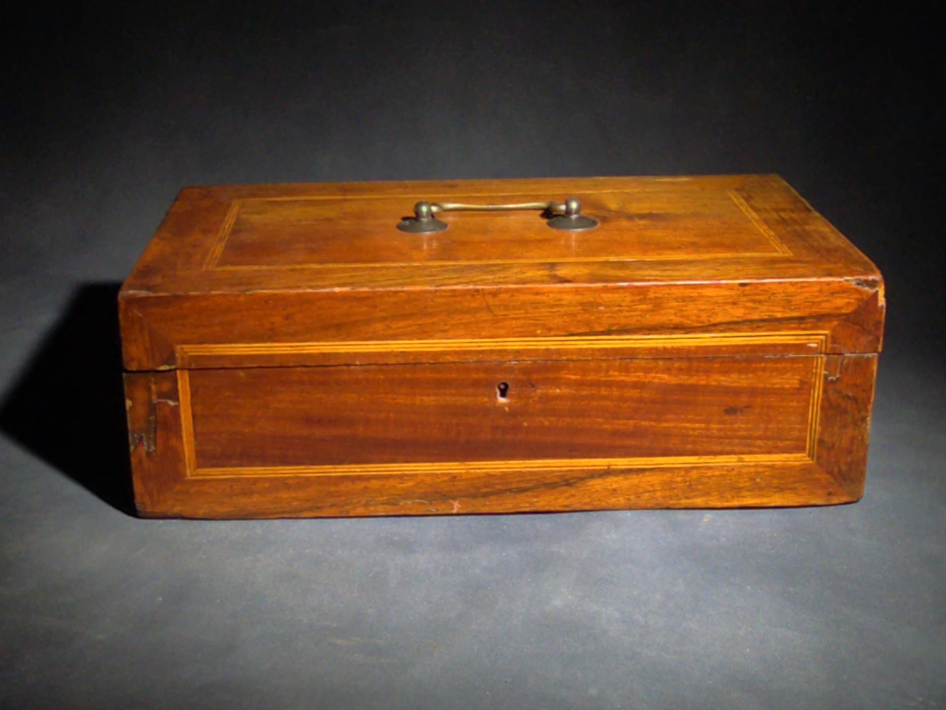 Antique Inlaid Wood Box with Brass Bail Handle, Inscribed