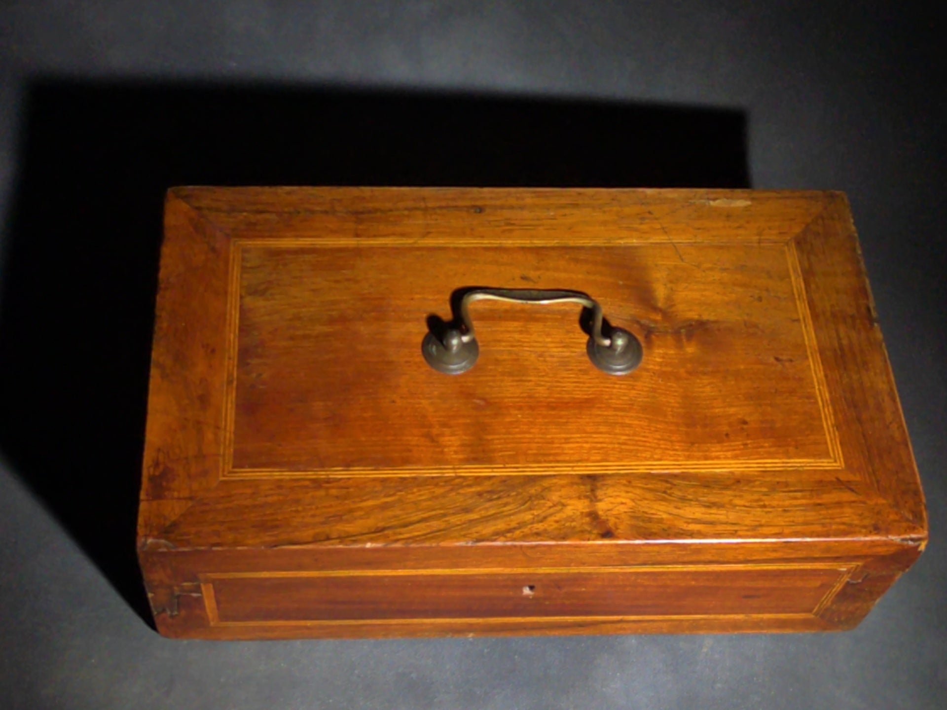 Antique Inlaid Wood Box with Brass Bail Handle, Inscribed