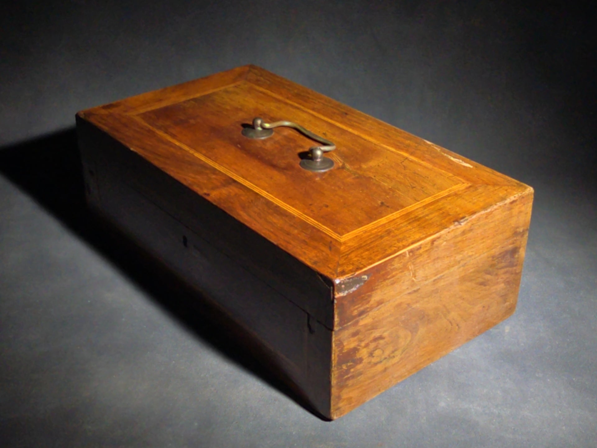 Antique Inlaid Wood Box with Brass Bail Handle, Inscribed