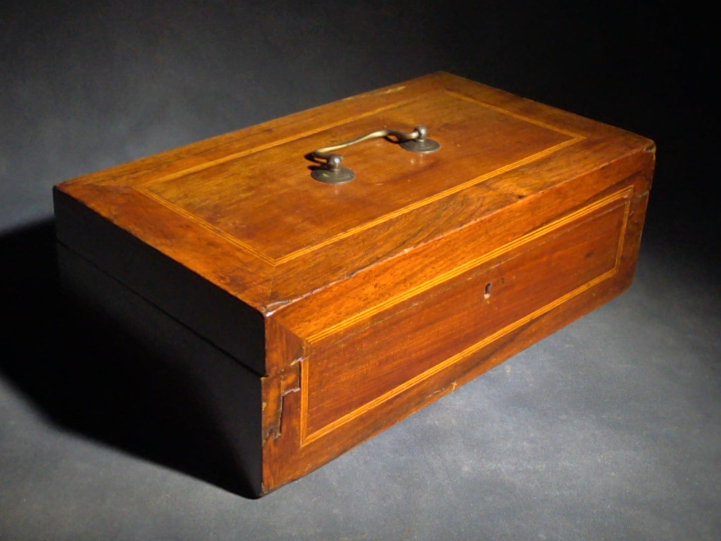 Antique Inlaid Wood Box with Brass Bail Handle, Inscribed