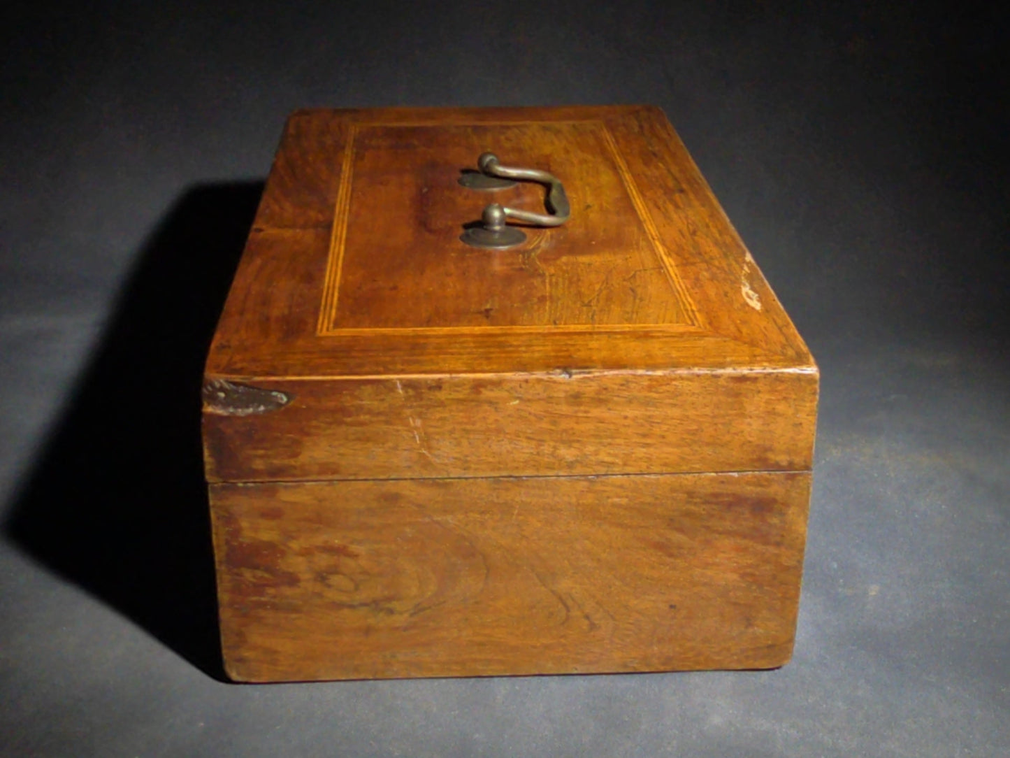 Antique Inlaid Wood Box with Brass Bail Handle, Inscribed