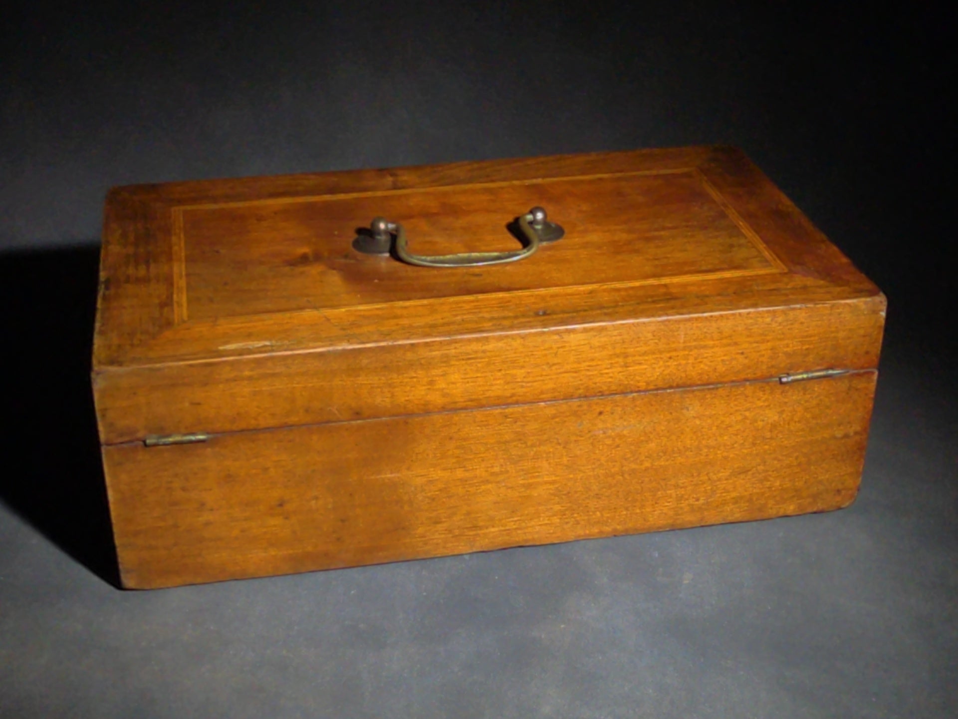 Antique Inlaid Wood Box with Brass Bail Handle, Inscribed