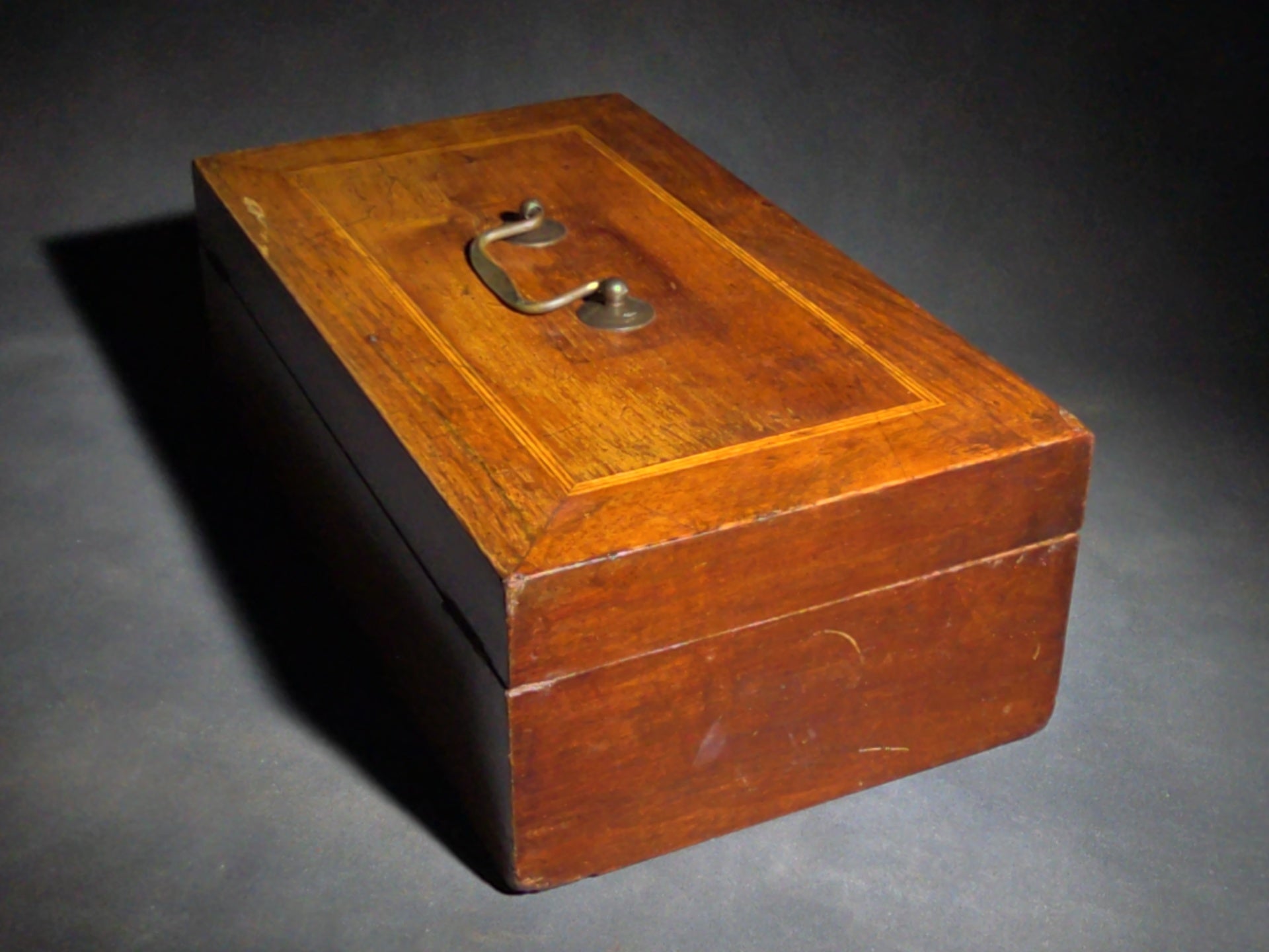 Antique Inlaid Wood Box with Brass Bail Handle, Inscribed