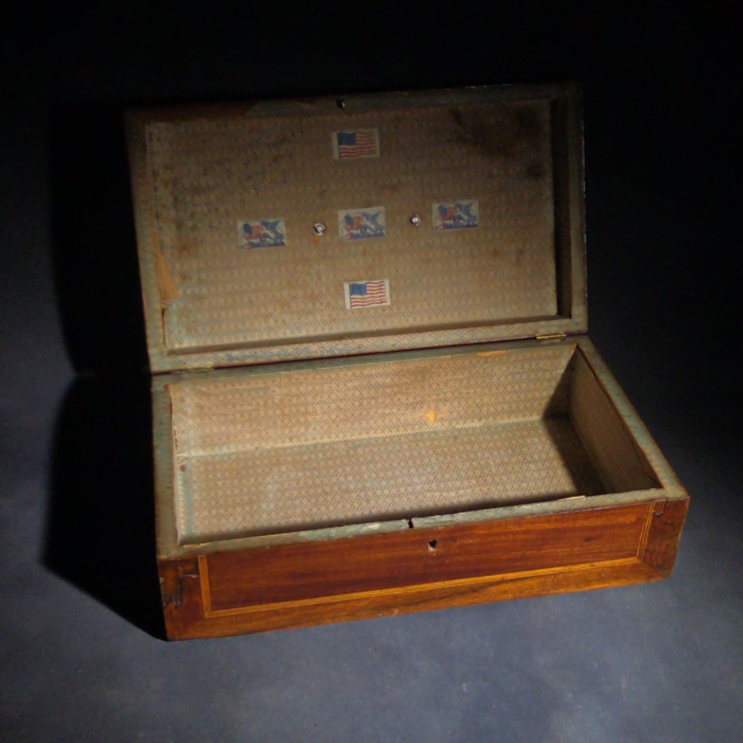 Antique Inlaid Wood Box with Brass Bail Handle, Inscribed